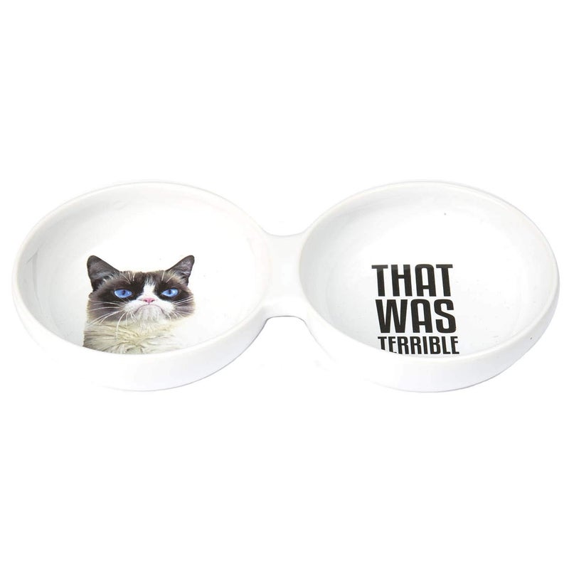 PetRageous G16101 Grumpy Cat That was Terrible Cat or Dog Stoneware Dishwasher Safe Duo Diner Bowl 10-Inch Long 4.75-Inch Wide 1.5-Inch Tall 1-Cup Each Bowl White
